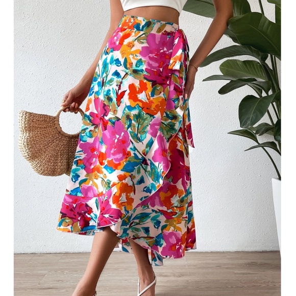 Plus Floral Print Ruffle Hem Wrap Maxi Skirt - Picture 1 of 5